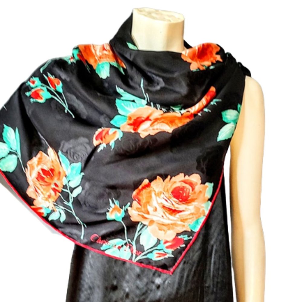 Large 1980s Vintage Christian Dior Black Large Scarf With Red And Coral Roses